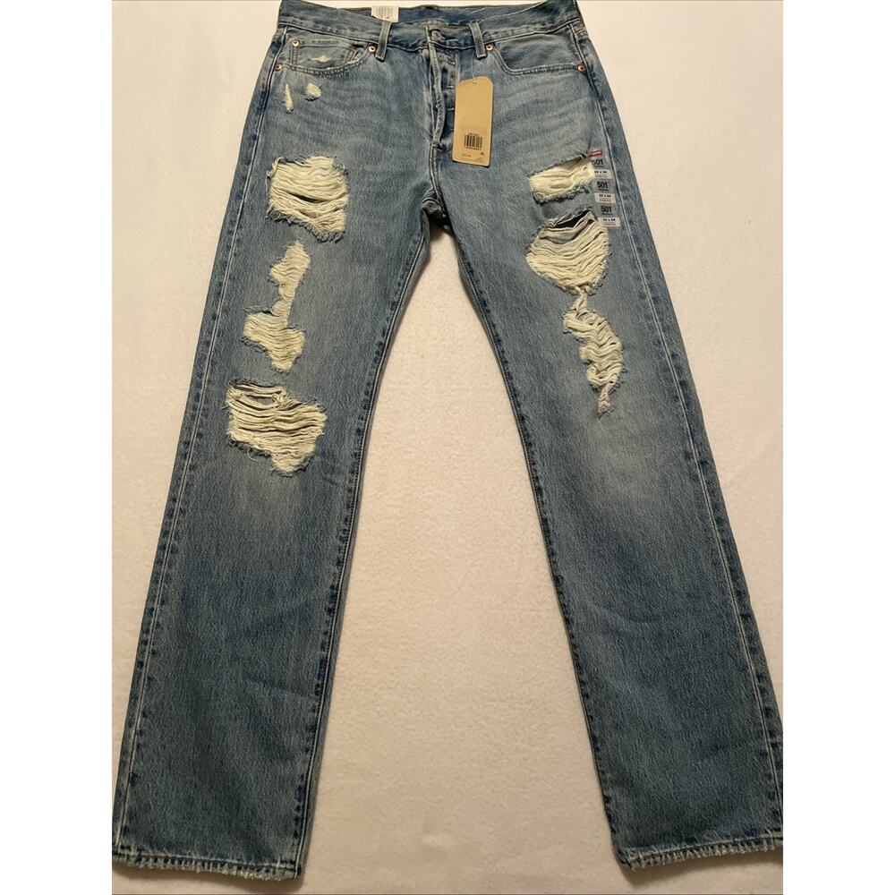 NEW Levi’s 501 Original Blank Tab Men's Distressed Button Fly Blue Jeans 33x34